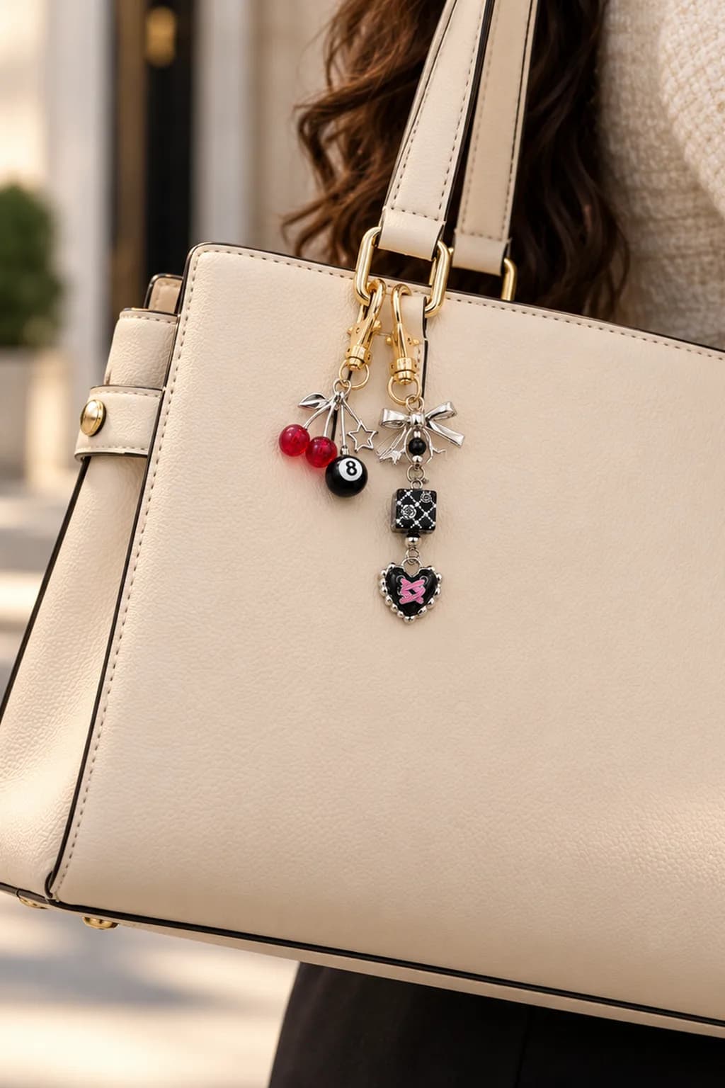 Fashion keychains clipped to a bag