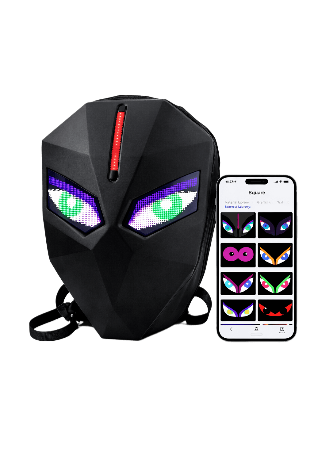 Knight LED backpack with phone showing the iLED control app